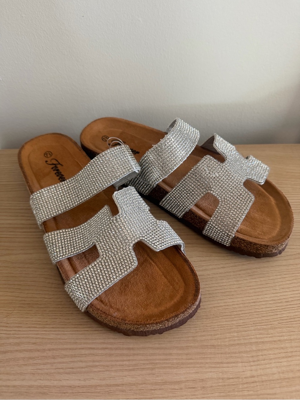 Rhinestone H-Cutout Slide Sandals | Silver Sparkle | Size 7-1/2 | NWT